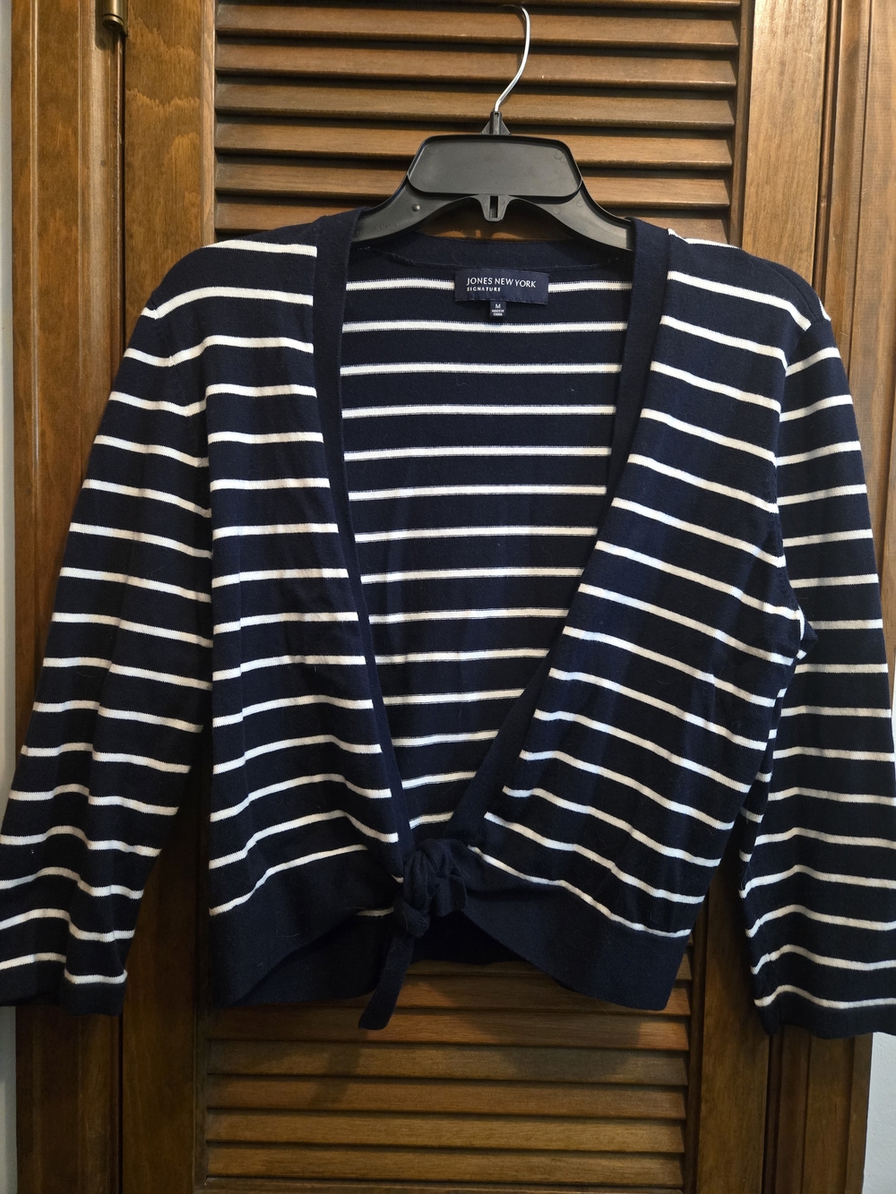 Jones New York Navy and White Striped Tie-Front Cardigan